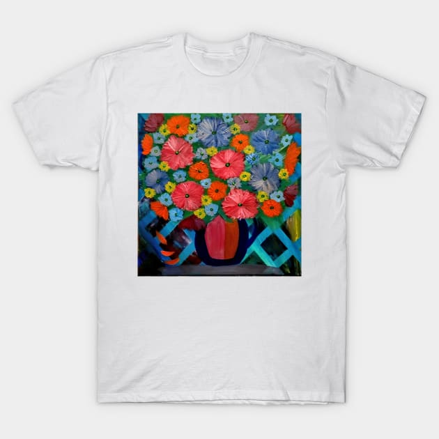 Colorblock layered background and mixed flowers in Bright colors in a vase T-Shirt by kkartwork